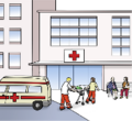 Krankenwagen mit Krankenhaus im Hintergrund