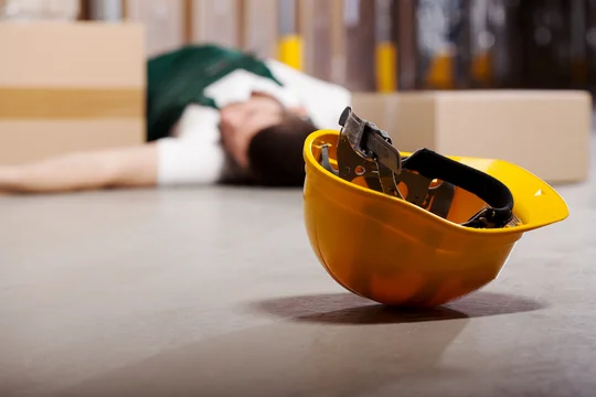 Eine Person ist gestürzt, der Schutzhelm liegt neben ihm.