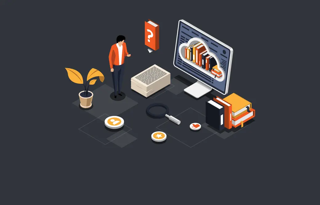 Illustration von digitaler Recherche mit Büchern, Computer und Lupe.