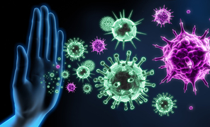 Eine Hand wird hochgehalten um symbolisch Viren und andere Erreger zu stoppen.
